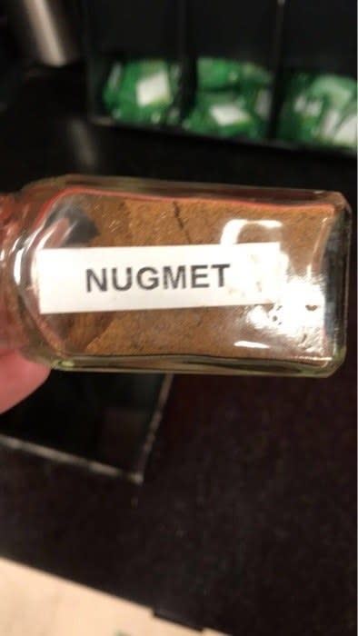 A jar labeled "Nugmet" contains a brown spice, likely intended to be nutmeg