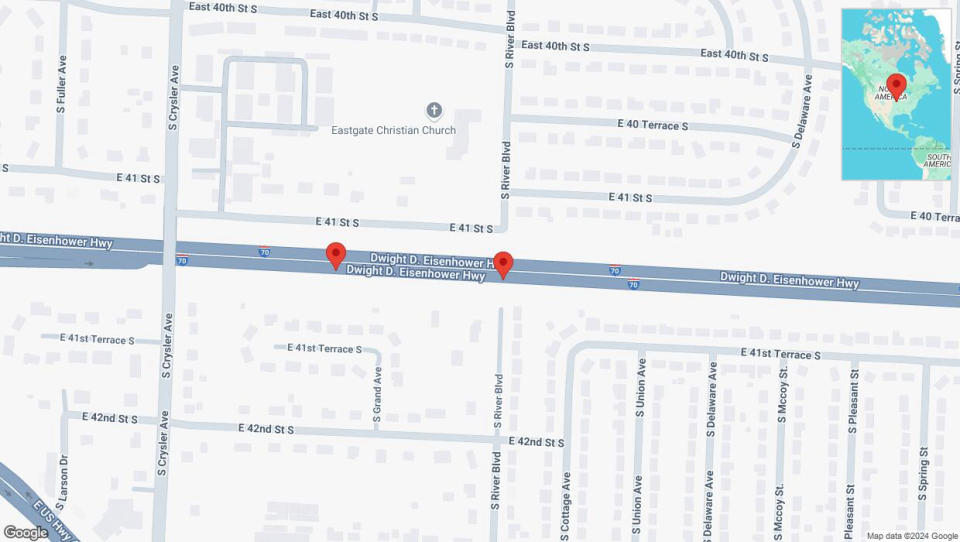 A detailed map that shows the affected road due to 'Broken down vehicle on eastbound I-70 in Independence' on October 10th at 7:30 p.m.