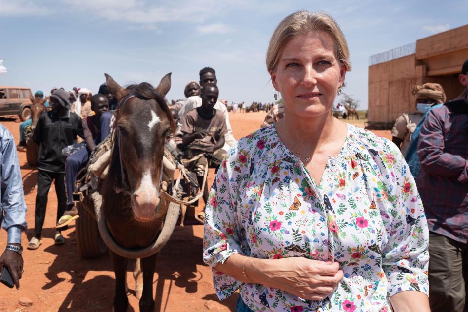 Sophie, Duchesss of Edinburgh, in Chad, with a horse and cart in the background