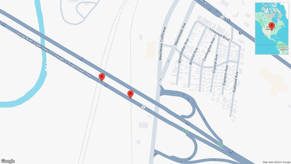 A detailed map that shows the affected road due to 'Broken down vehicle on eastbound I-70 in Kansas City' on October 10th at 10:18 p.m.