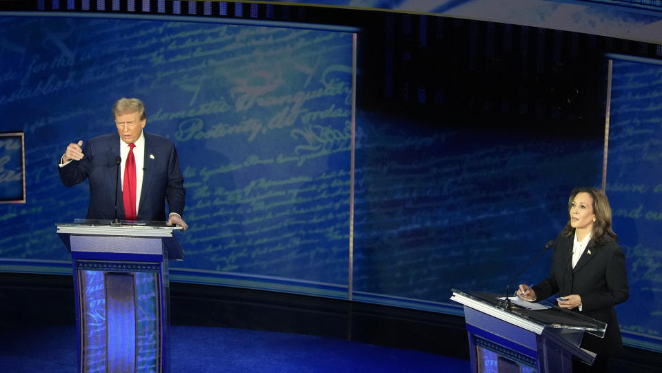 Republican presidential nominee former President Donald Trump and Democratic presidential nominee Vice President Kamala Harris participate during an ABC News presidential debate at the National Constitution Center, Tuesday, Sept.10, 2024, in Philadelphia. (AP Photo/Alex Brandon)