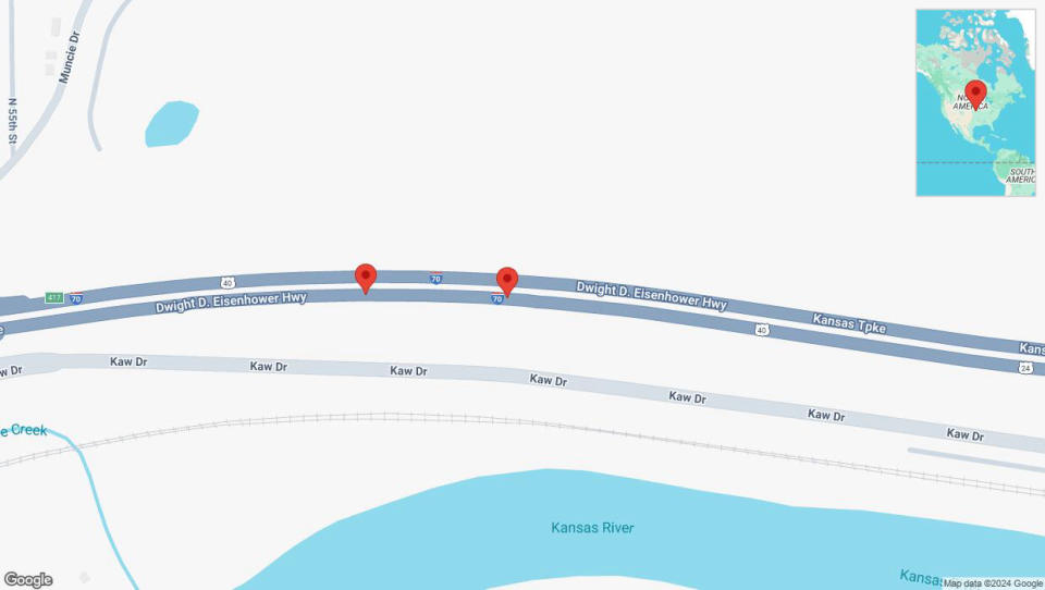 A detailed map that shows the affected road due to 'Broken down vehicle on eastbound I-70 in Kansas City' on October 10th at 11:24 p.m.