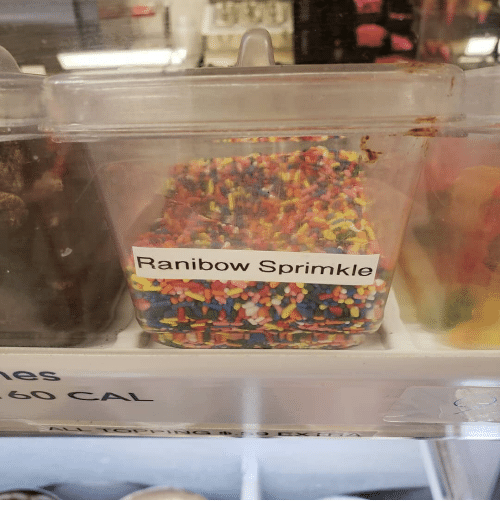 Sprinkles container reading "ranibow sprimkle"