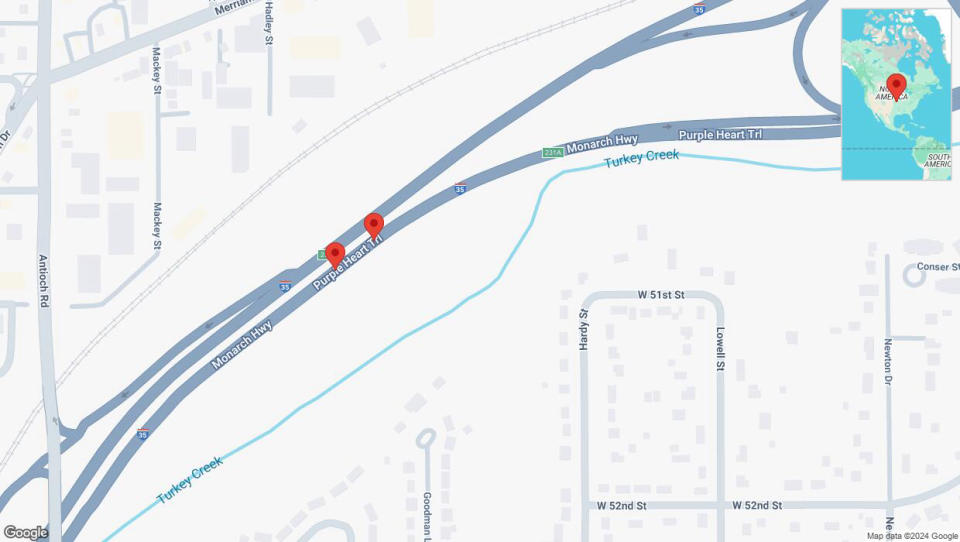 A detailed map that shows the affected road due to 'Broken down vehicle on northbound I-35 in Overland Park' on October 10th at 9:24 p.m.