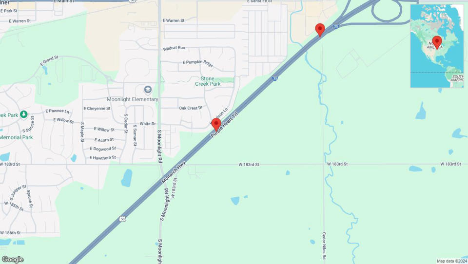 A detailed map that shows the affected road due to 'Warning in Gardner: Crash reported on northbound I-35' on October 10th at 4 p.m.