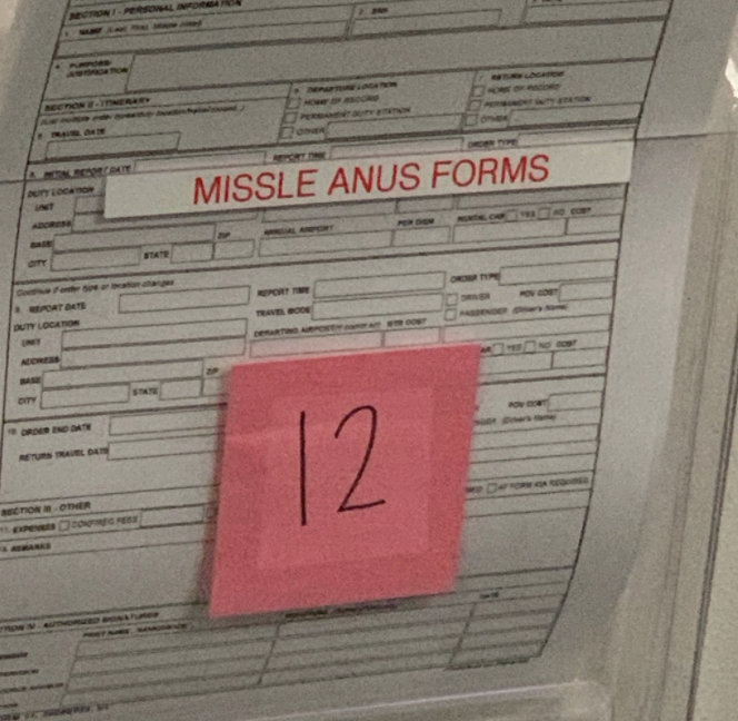 a bunch of forms labeled missle anus forms