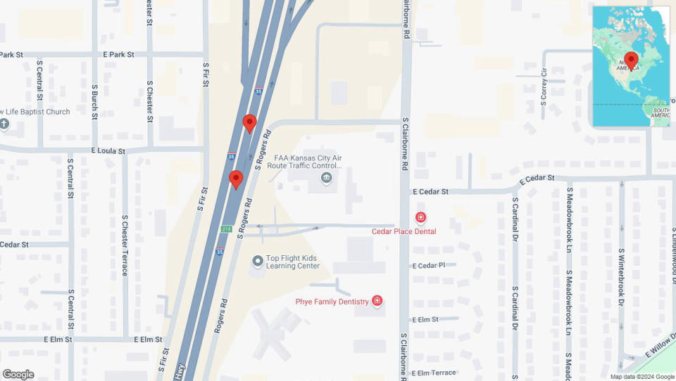 A detailed map that shows the affected road due to 'Broken down vehicle on eastbound I-35 in Olathe' on October 10th at 4:54 p.m.