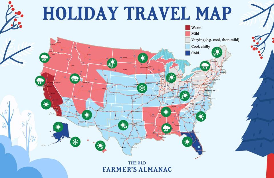 The Old Farmer's Almanac predicts fair travel conditions for Christmas in New England.