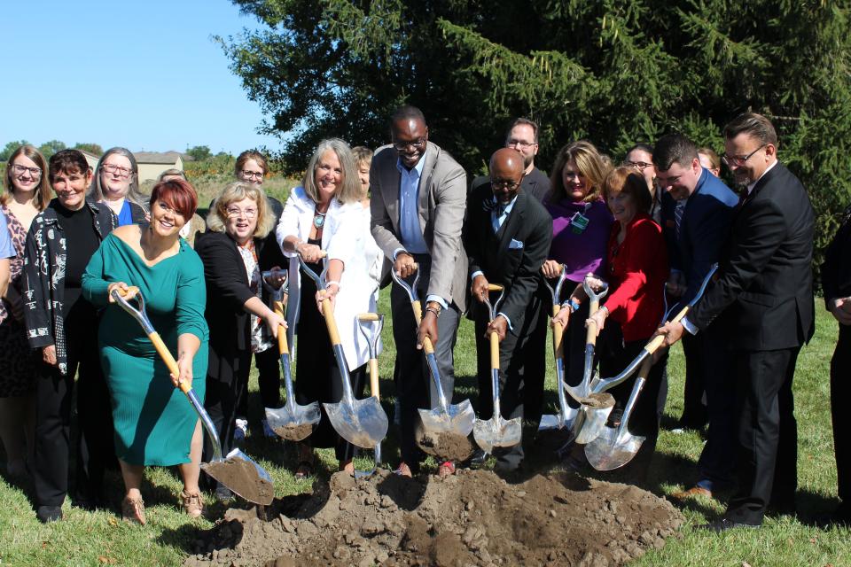 Lt. Gov. Garlin Gilchrist II, center, was joined by legislators, employers, community members and MCCC trustees, staff, alumni and nursing students in October for the ceremonial groundbreaking for the construction of the new Welch Center for Health and Public Safety.