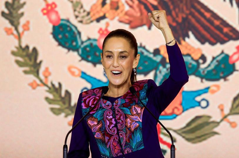 Claudia Sheinbaum, the presidential candidate of the ruling MORENA party, reacts as she addresses her supporters after winning the election, in Mexico City, on June 3, 2024. / Credit: Raquel Cunha / REUTERS