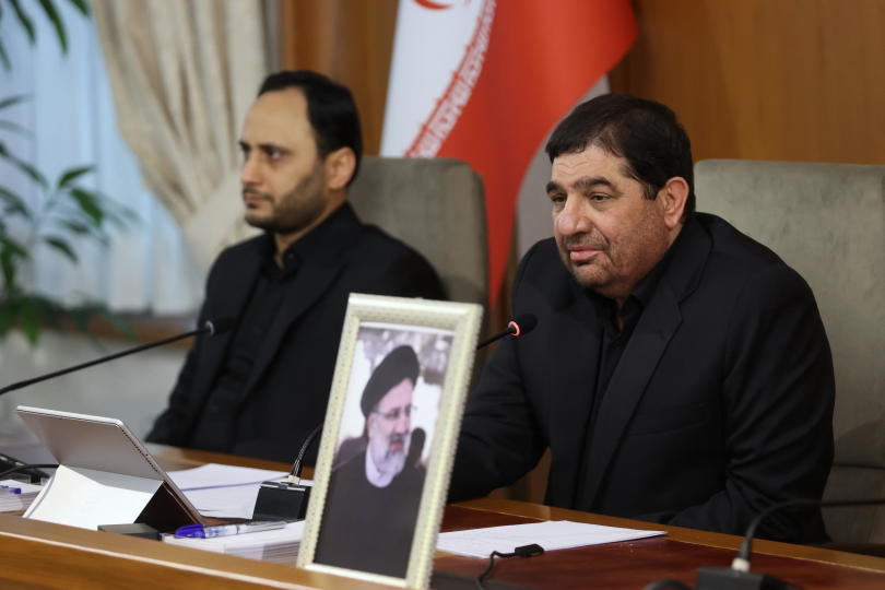 Iranian First Vice President Mohammad Mokhber (right) attends the emergency meeting, held by government council, following the death of Iranian President Ebrahim Raisi and other senior government officials in a helicopter crash in Tehran, Iran, May 20, 2024. / Credit: Iranian Presidency/Handout/Anadolu/Getty