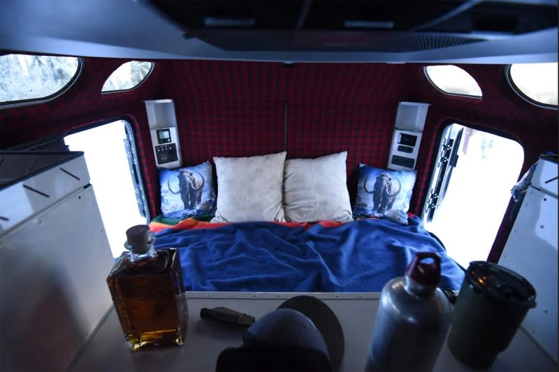 Wool-lined interior of Mammoth Overland's WLY Mammoth travel trailer.