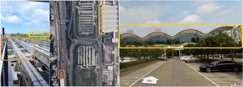 <span>Screenshot comparison of the video in the false post (left), the train tracks seen on Google Earth (centre), and the airport building seen on Baidu Maps' street view (right)</span>