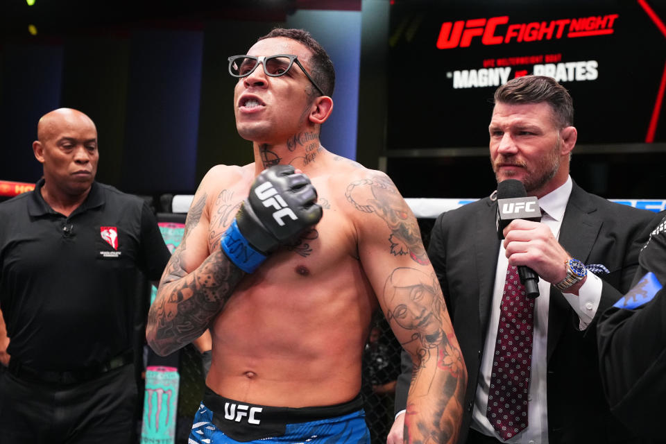 LAS VEGAS, NEVADA - NOVEMBER 09: Carlos Prates of Brazil reacts after a knockout victory against Neil Magny in a welterweight fight during the UFC Fight Night event at UFC APEX on November 09, 2024 in Las Vegas, Nevada. (Photo by Chris Unger/Zuffa LLC)