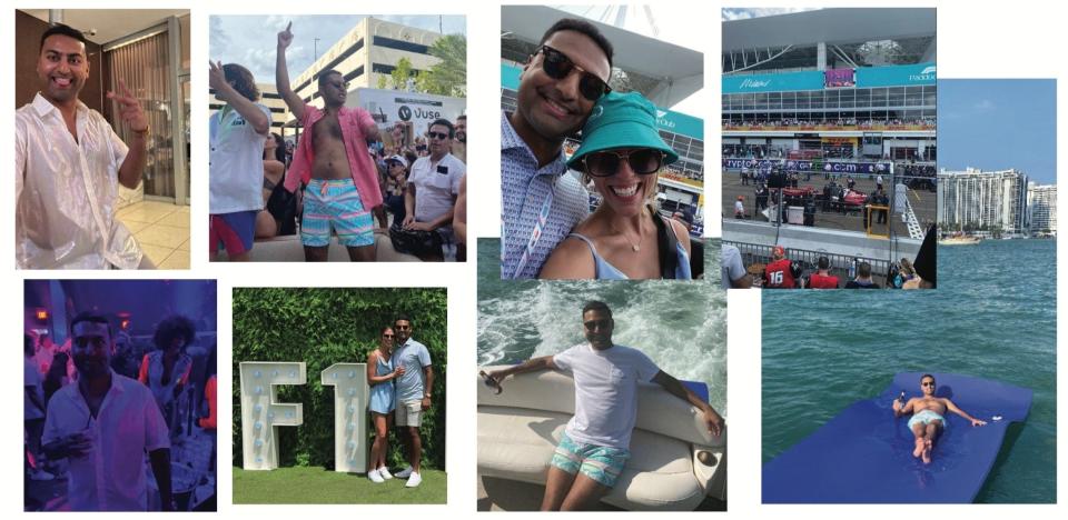 Federal prosecutors filed these photos of Amit Patel on a 2022 trip to Miami for a Formula 1 race before he was sentenced to prison for stealing about $22 million from the Jacksonville Jaguars, his former employer.