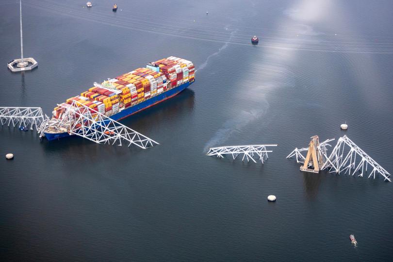 In an aerial view, cargo ship Dali is seen after running into and collapsing the Francis Scott Key Bridge on March 26, 2024 in Baltimore, Maryland.  / Credit: Tasos Katopodis/Getty Images