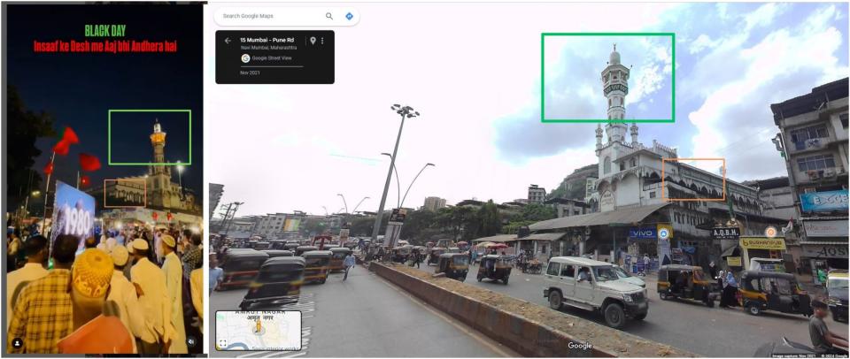 <span>Screenshot comparison between a scene from the footage (left) and an image of the area on Google Street View (right) with corresponding elements highlighted by AFP</span>