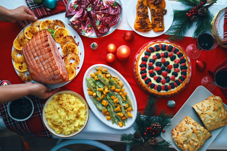 Christmas Dinner with Baked Glazed Ham and Various Vegetables