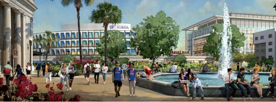 A rendering presented during a University of Florida board meeting shows what a graduate campus built near the Prime Osborn Convention Center could look like in downtown Jacksonville.