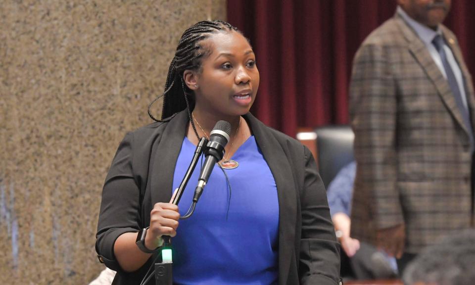  <em>State Rep. Kimberly-Ann Collins, a St. Louis Democrat, speaks in April 2024 during Missouri House debate (Tim Bommel/Missouri House Communications).</em>