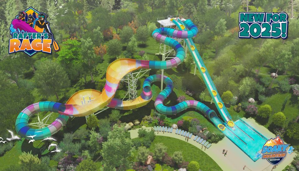 A rendering of Soaky Mountain Waterpark’s upcoming thrill ride, Rafter’s Rage. The ride starts eight stories high and can reach speeds up to 19 mph.