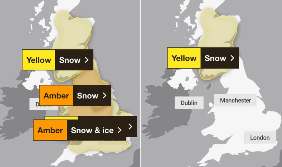 The warnings for Sunday (left) and Monday (right). (Met Office)