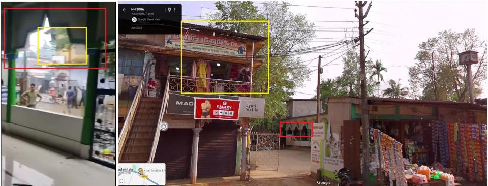 <span>Screenshot comparison of the video shared in the false post (left) and Google Street View imagery (right) with similarities highlighted by AFP</span>