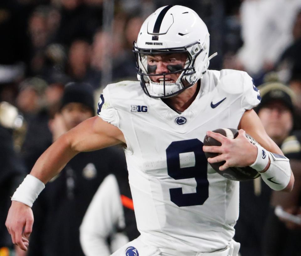 Penn State Nittany Lions quarterback Beau Pribula (9) rushes the ball Saturday, Nov. 16, 2024, during the NCAA football game against the Purdue Boilermakers at Ross-Ade Stadium in West Lafayette, Ind. Penn State Nittany Lions won 49-10.