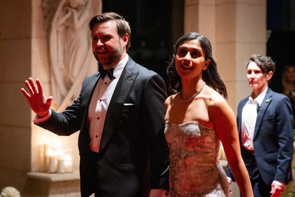 JD Vance wearing a tux and wife Usha Vance wearing a ballgown dress