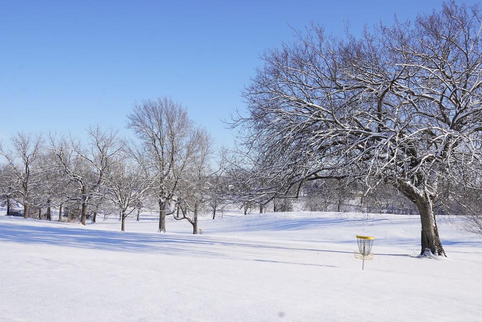 Snow covers the disc golf course on the east side of Lake Shawnee Friday, Jan. 10, 2025.