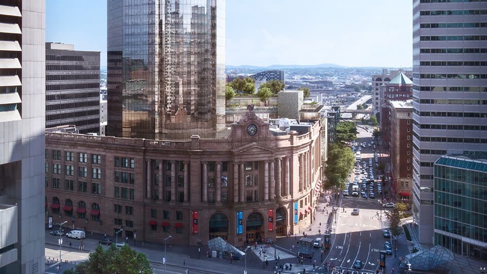 The South Station Tower rises above the historic transport hub. - DBOX for Hines/Pelli Clarke & Partners