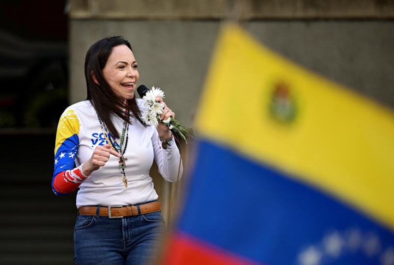 Venezuelan opposition leader Maria Corina Machado addresses supporters at a protest ahead of the inauguration of President Nicolas Maduro for his third term, in Caracas, Venezuela, Jan. 9, 2025. / Credit: Gaby Oraa/REUTERS