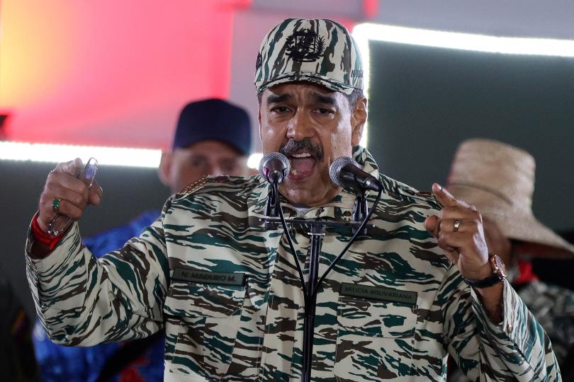 Venezuelan President Nicolas Maduro gestures during a swearing-in march for combatant forces in Caracas, Jan. 7, 2025. / Credit: PEDRO MATTEY/AFP/Getty