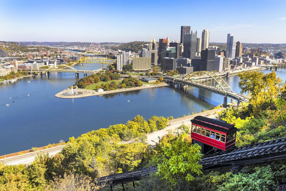 A beautiful clear fall day in Pittsburgh , Pennsylvania as seen from Mt. Washington with the Duquesne Incline in the foreground.