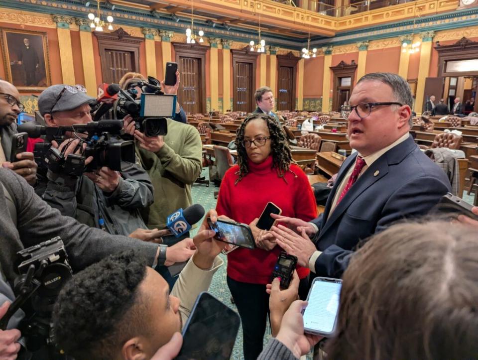  State Rep. Karen Whitsett, D-Detroit, and House Minority Leader Matt Hall, R-Richland Twp., speak to reporters after the state House failed to reach a quorum on Dec. 19, 2024. (Photo by Andrew Roth/Michigan Advance)