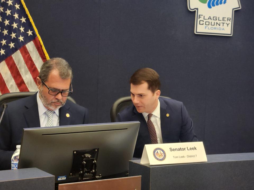 Florida state Sen. Tom Leek (left) and state Rep. Sam Greco (right) heard legislative funding requests at a meeting Wednesday at the Flagler County Government Services Building in Bunnell.