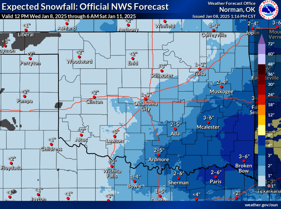 These are the expected snowfall ranges for communities in Oklahoma as forecasted by the National Weather Service in Norman. Snow is expected to fall across Oklahoma Jan. 9 and 10, 2024.