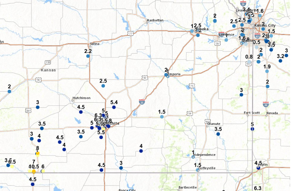 This map shows how many inches of snow fell late Thursday and early Friday at various places in Kansas.  Actual snowfall was 10.5 inches instead of 40.5 inches, as is indicated on the map, at Hardtner in south-central Kansas.