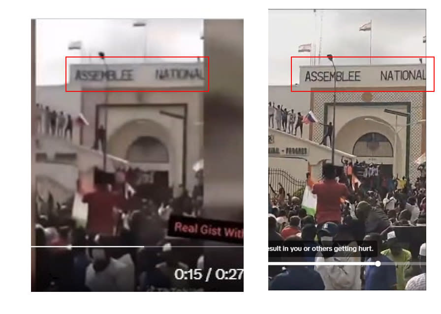 <span>Comparison highlighting "National Assembly" on the parliamentary building in the claim (left) and the original video (right)</span>