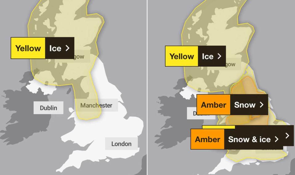 The weather warnings in place for Friday (left) and Saturday (right) as of 11am on Friday. (Met Office)