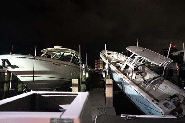 SARASOTA, FLORIDA - OCTOBER 10: Boats at Marina Jack following Hurricane on Milton October 10, 2024 in Sarasota, Florida. The storm made landfall at Siesta Key. (Photo by Sean Rayford/Getty Images)