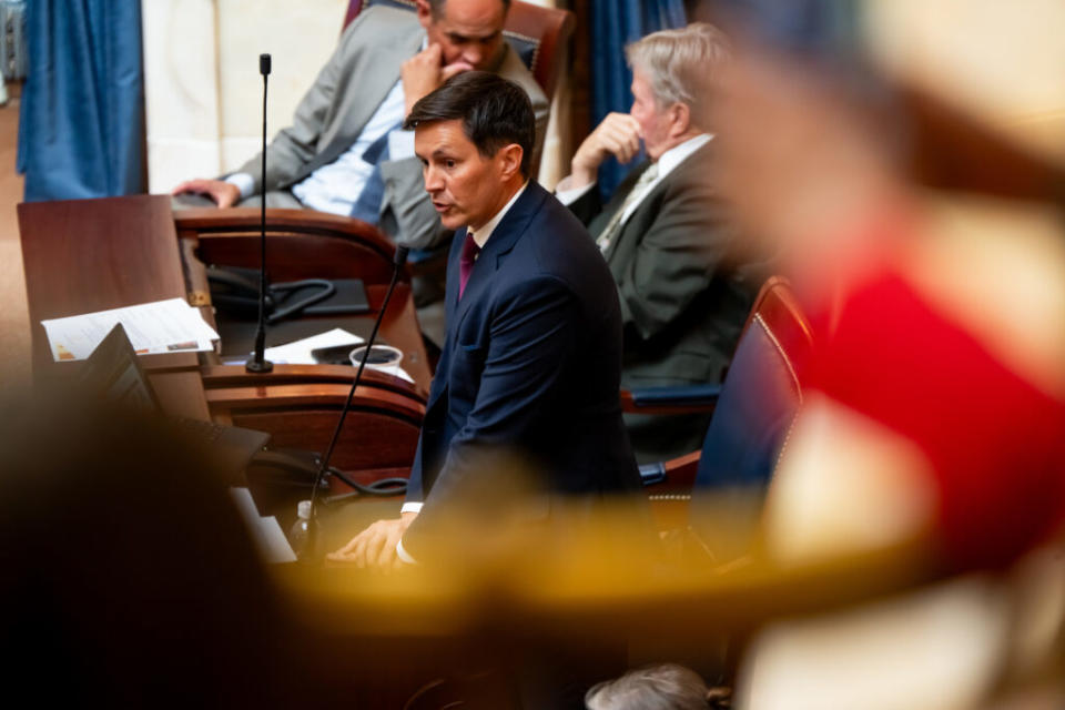  Sen. Kirk Cullimore, R-Sandy, who is sponsoring a proposed constitutional amendment related to citizen initiatives, speaks in favor of his legislation during a special legislative session at the Capitol in Salt Lake City on Wednesday, Aug. 21, 2024. (Photo by Spenser Heaps for Utah News Dispatch)