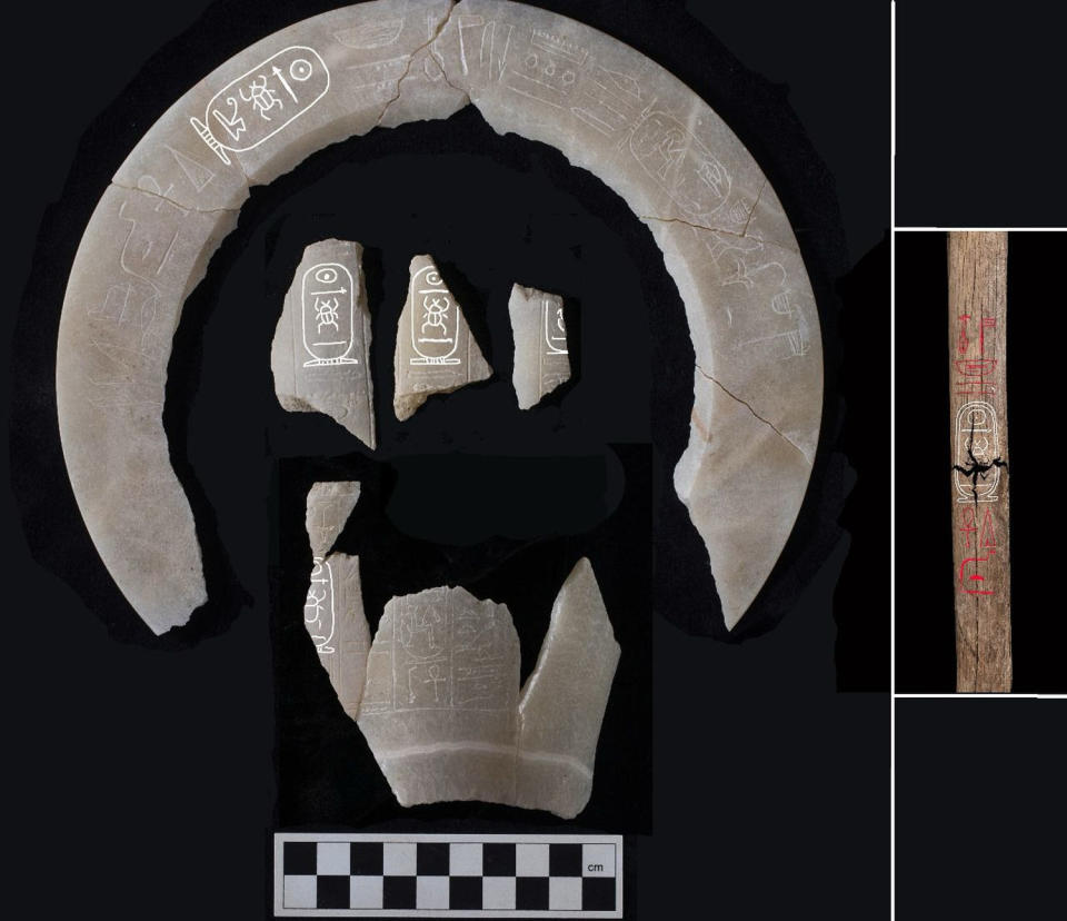 The name of Thutmose II is seen on ceramics laid out on a black background (Egyptian Ministry of Tourism and Antiquities)