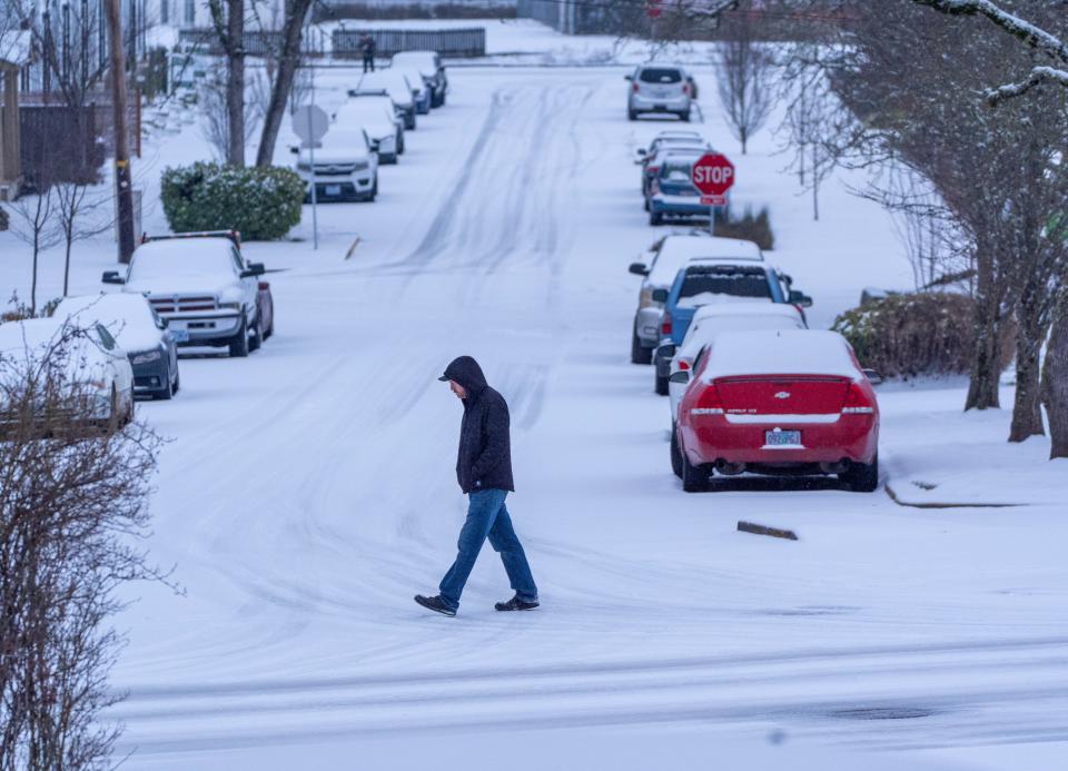 Snow and ice early Thursday made driving and even walking treacherous in Eugene, Springfield and the Willamette Valley.