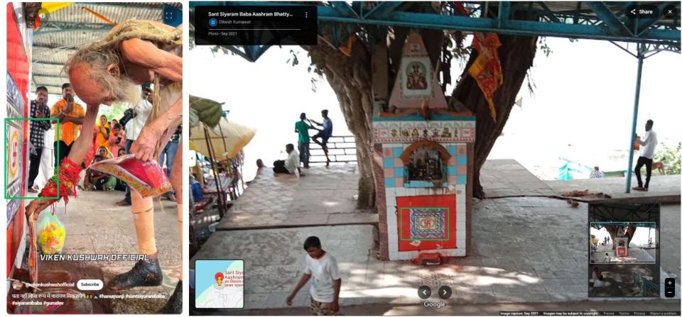 <span>Screenshot comparison between a scene from the YouTube video (left) and an image geotagged on Google Maps (right) with the same shrine highlighted by AFP</span>