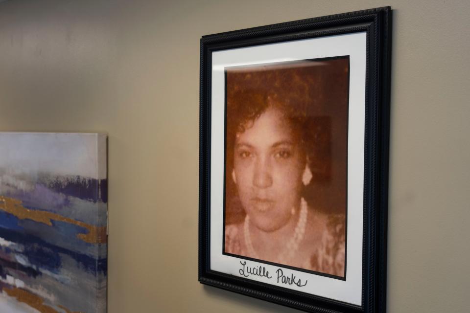 A photo of Lucille Parks, the center's namesake, hangs in the doorway at Lucille Parks Community Center on Tuesday, Feb. 18, 2025, in Des Moines.