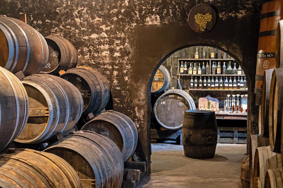 A cellar with stacked barrels and a shelf with cognac bottles in the back.