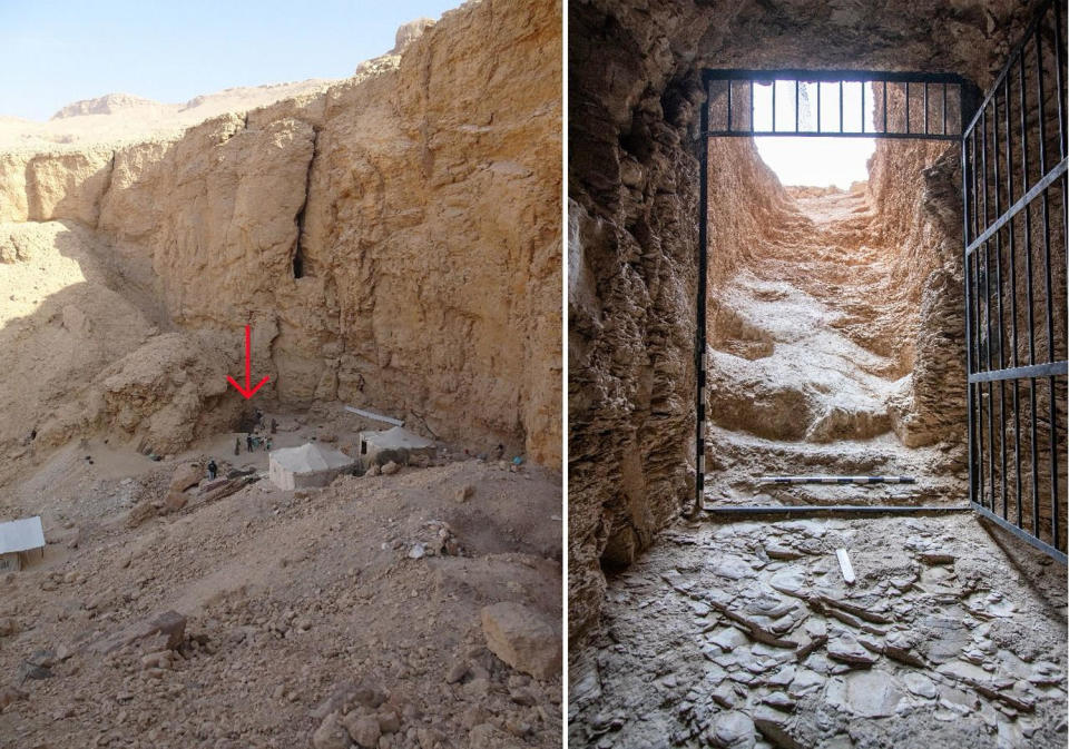 A split side by side composite image showing The entrance to the tomb of King Thutmose II near Luxor in southern Egypt. (Egyptian Ministry of Tourism and Antiquities)