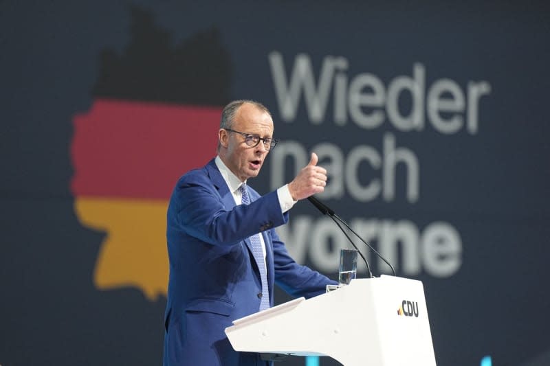 Friedrich Merz, Chairman of the Christian Democratic Union of Germany (CDU) and chancellor candidate, speaks at the 37th Federal Party Conference of the CDU. Michael Kappeler/dpa