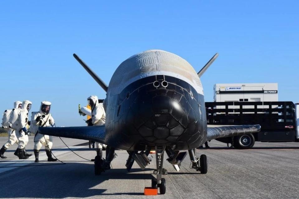 A front view of the nose of the X-37B following its landing at NASA's Kennedy Space Center.